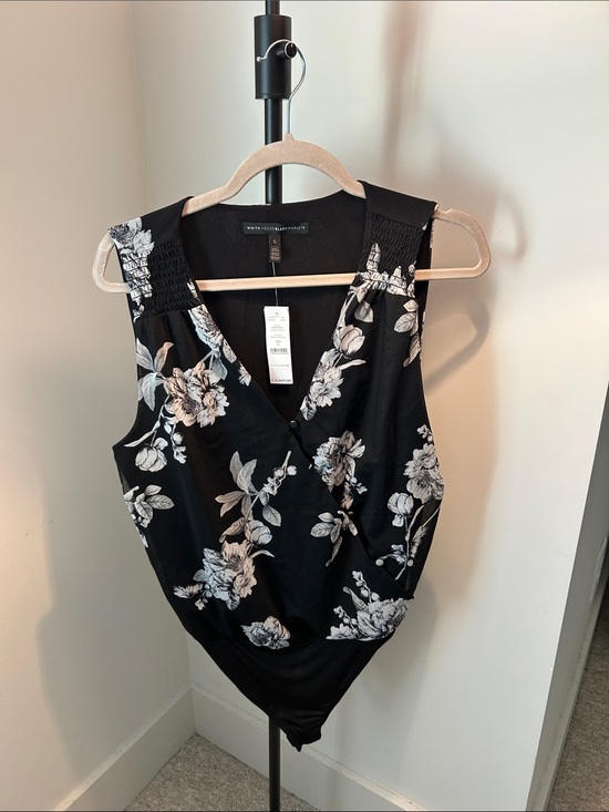 White House Black Market Tops - White House Black Market Black Floral Wrap Bodysuit
